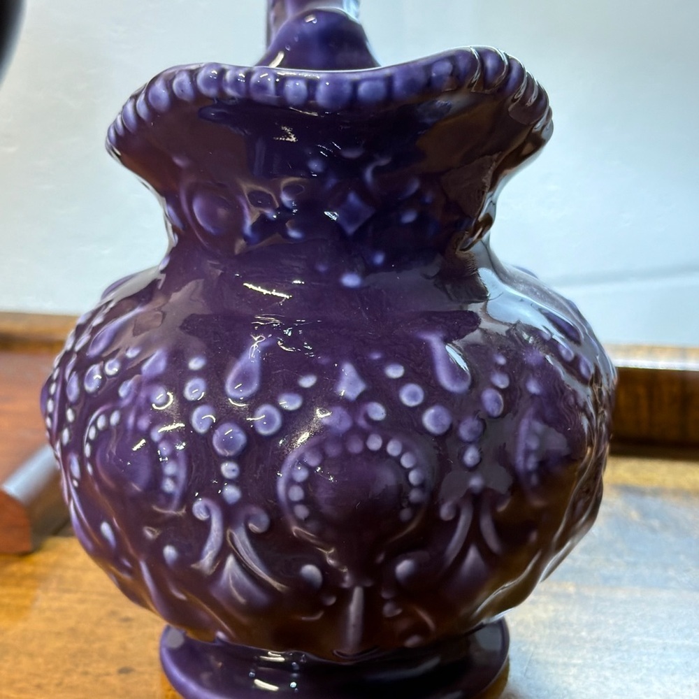 Camark Pottery Pitcher Embossed Ornate Purple Baroque Style Vintage - Picture 2 of 12